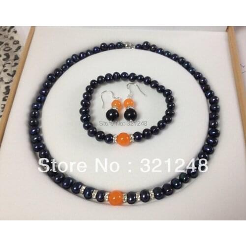 Free shopping new DIY Black Akoya Cultured Pearl/Orange chalcedony bracelets necklace earrings set GE5011