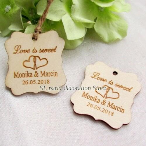 100pc Personalized Engraved "Thank You/With Love/Love is Sweet" Wedding Tags Wooden Hang Tags Wedding Bridal Shower Favors Tags