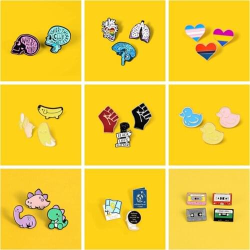 Brooch Set Fist Retro Radio Dinosaur Duck Banana Rainbow Heart Over-thinking Brain Brooch Cartoon Jewelry Lapel Pin Badge Gift