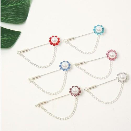 Fashion Pearl Floral Hijab Pins Chain Crystal Brooches Muslim Scarf Pin Women Accessories Wholesale 12 Pcs/ Lot