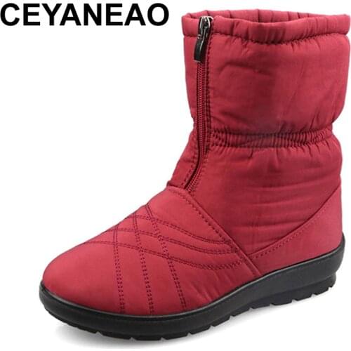 CEYANEAO Plus Size Waterproof Flexible Cube Woman Boots High Quality Cozy Warm Fur Inside Snow Boots Winter Shoes WomanE756
