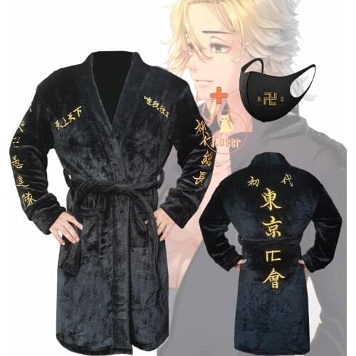 Embroidery Tokyo Revengers Bathrobe Manjiro Sano Sleepwear Flannel Robe Cloak Cape Tokyo Manji Gang Leader Winter Black Pajamas