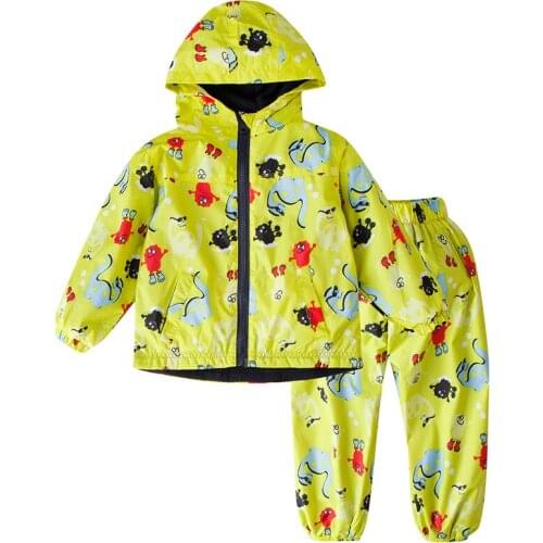 New Clothing Set Autumn Cartoon Print Kids Outfits Girls Boys Waterproof Sets Raincoat +Pant 2Pcs Casual Suit Childrens Clothes