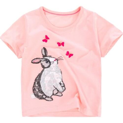 Little Maven New Summer Kids Pink Butterfly Emboroidery Bunny Appliques O-neck Short- sleeved Cotton Knitted Girls Tshirts Tops