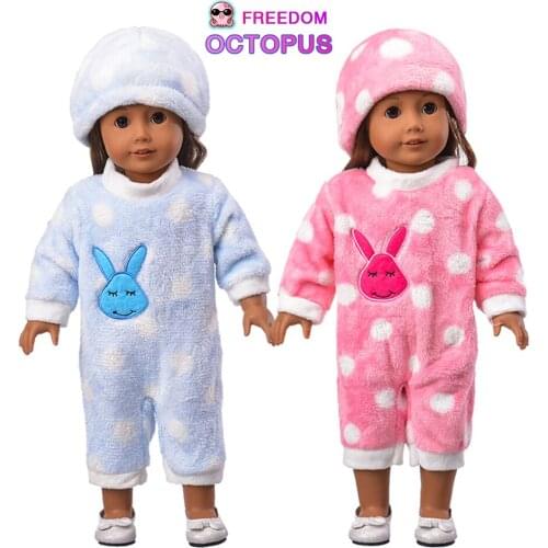 Cute Bunny Rabbit Doll Clothes Set For 18 Inches American Doll Pink Blue Bodysuit Fit 43Cm New Bron Baby DIy 1/4 BJD Dolls
