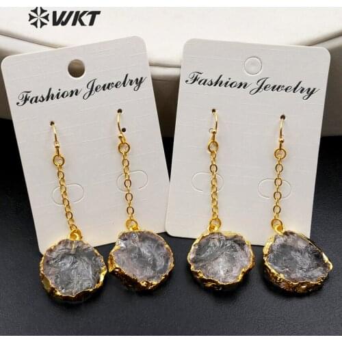 WT-E363 WKT Fashion Round Shape Natural Crystal Drop EarringWith Brass Chain Connect Earring In Best Gold Color Women Earring