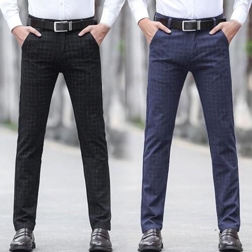 Men Slim Dress Pants Straight Style Smart Suit Pants Men Autumn Winter Plaid Checked-Pocket Long Slim Trousers Office Dress Pant