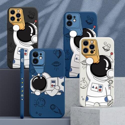 Cartoon Space Astronaut Telescope Liquid Silicone Case For iPhone 12 Mini 11 12 Pro Max XS X XR 7 8 Plus Soft Gel Rubber Cover