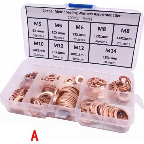 Copper Washer Gasket Nut and Bolt Set Flat Ring Seal Assortment Kit With Box M5/M6/M8/M10/M12/M14 Fastener Hardware Accessories