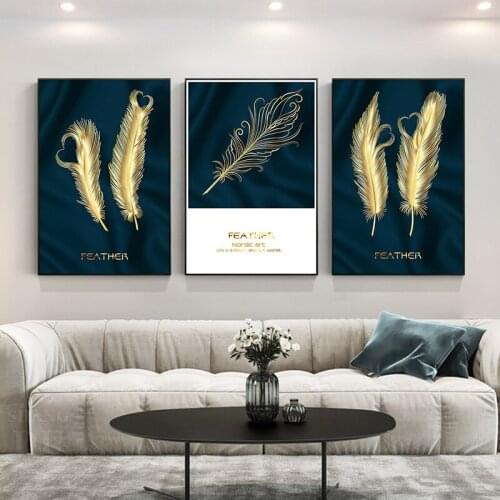Nordic Minimalist Poster Golden Feather Painting Wall Art Pictures Prints Canvas Poster Living Bedroom Room Home Decoration