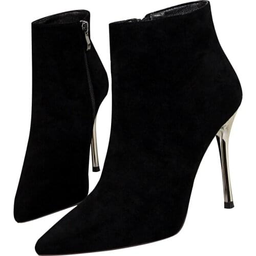 Сенняя и зимняя мода, тонкие, высокие каблуки, женские короткие ботинки, замшевые, остроконечные