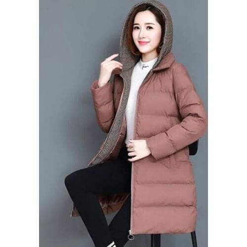 Patchwork Hooded Parkas Women Letter Print Midi-Length Down Padded Coat Winter Thicken Warm Slim Elegant Female Jacket Plus Size