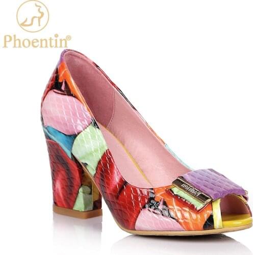 Phoentin Colorful Peep Toe Pumps Women Summer Fashion High Heel 8CM shiny shoes Woman Cow Leather Party Sandals Plus size FT986