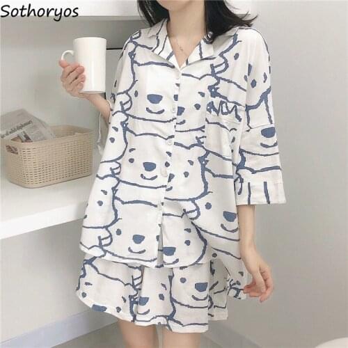Women Sweet Printed Pajama Sets Loose Cozy Single Breasted Tops Summer Casual Shorts Sleepwear Trendy Lovely Girls Lounge Newest
