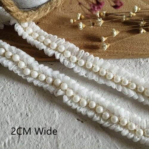 2CM Wide Luxury White Pearls Embroidered Ribbon Handmade Beaded Fringe Lace Edge 3D Trim Clothing Wedding Veil Headdress Sewing