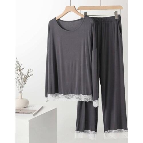 Loose Comfortable Modal Suit Female Long Sleeve Spring Autumn Sleepwear Pajamas Women Sweet Lace Wide Leg Pant Pijamas Femme