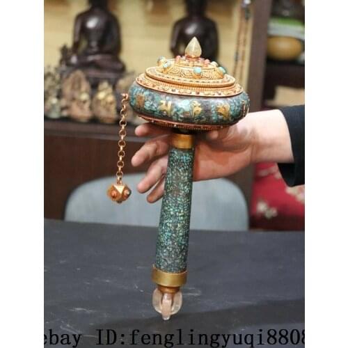 Tibet Buddhism Copper Gild Inlay Turquoise Coral Gemstone Prayer Turning wheels