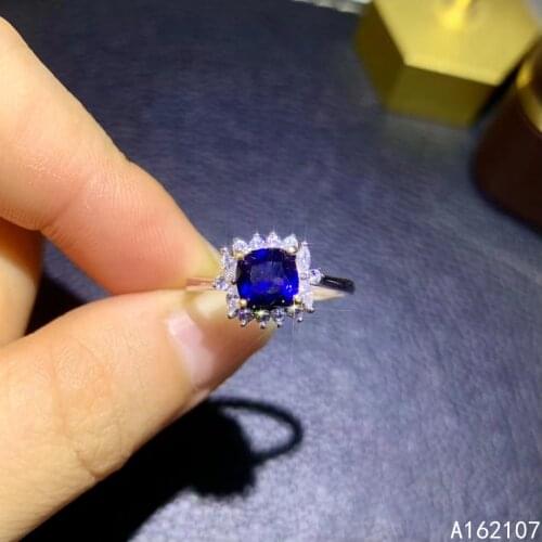 925 Pure Silver Chinese Style Natural Sapphire Womens Classic Fashion Square Adjustable Gem Ring Fine Jewelry Support Detection