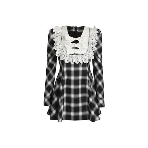 Vintage Puff Sleeve Plaid Dresses for Women 2021 Autumn Winter Runway Elegant Bow Slim Mini Dress Female Vestidos De Fiesta