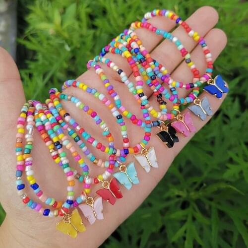 2021 New Fashion Colorful Handmade Beaded Chain Necklaces for Women Bohemia Multicolor Acrylic Butterfly Pendant Jewelry Gifts