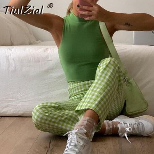 TiulZial Y2K E Girl Plaid High Waist Pants Vintage Women Summer Green Long Trouser Summer Sweatpants Capris Pant Bottom Straight