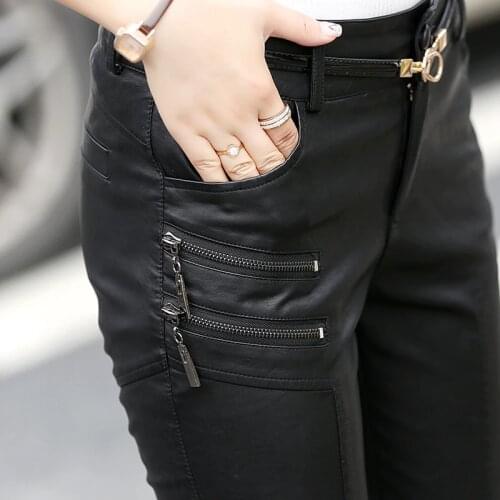 Spring Casual Leather Pants Women Hot Faux Leather Stylish Bike Moto Zipper Fashion Pencil Skinny Streetwear Trousers For Woman