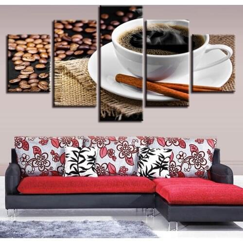 Canvas Pictures Poster Modular Wall Art 5 Pieces Coffee And Coffee Beans Paintings HD Printed Framework Decor Modern Living Room