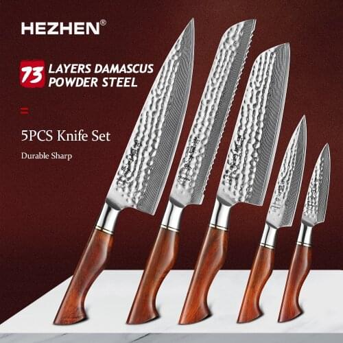 HEZHEN 1-5PC Knife Set 73 Layer Damascus Powder Steel Kitchen Tools Cook Knives Chef Santoku Utility Paring Bread Slice Knives