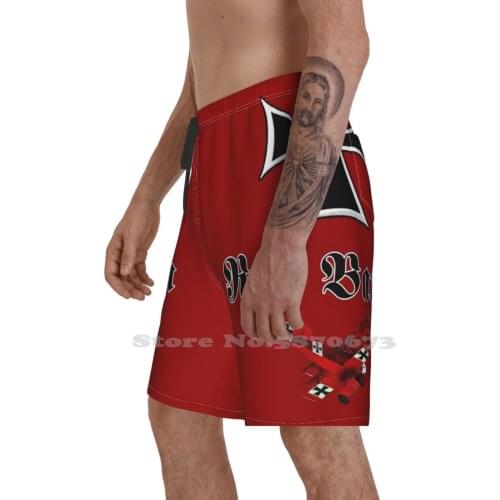 Manfred Von Richthofen The Red Baron And His Fokker Dr.1 On Red Background. MenS Summer Short Pants Beach Shorts Red Baron