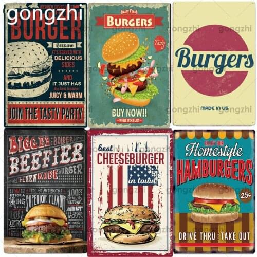 Hamburgers Metal Plates Vintage Fast Food Metal Tin Sign Bar Wall Art Craft Pub Restaurant Burgers Metal Poster Plaques 20x30cm
