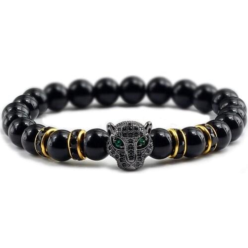 Natural Stone Mens Bracelet Charm Gold Pave CZ Leopard Hematite Beaded Bracelets Elastic Bangles for Men Buddha Jewelry