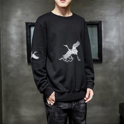 Japanese Style Sweatshirt Men Crane Embroidery Hoodie Mens O-Neck Pullover Harajuku Hip Hop Casual Streetwear Top FF2468
