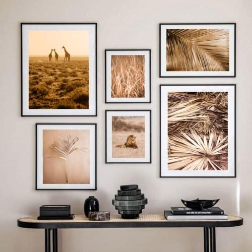 African Grassland Lion Giraffe Plants Leaf Wall Art Canvas Painting Nordic Posters And Prints Wall Pictures For Living Room