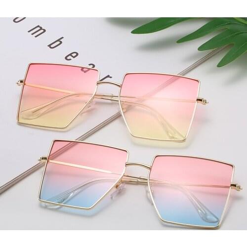 Fashion Vintage Oversize Square Sun Glasses for Men Women Metal Frame Driving Sunglasses UV400 Pink Bule Mirror Gradient Goggle