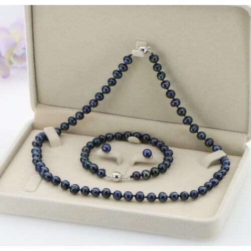 AAA 7-8mm Black Akoya Cultured Pearl Necklace Bracelet Earring Set xu41