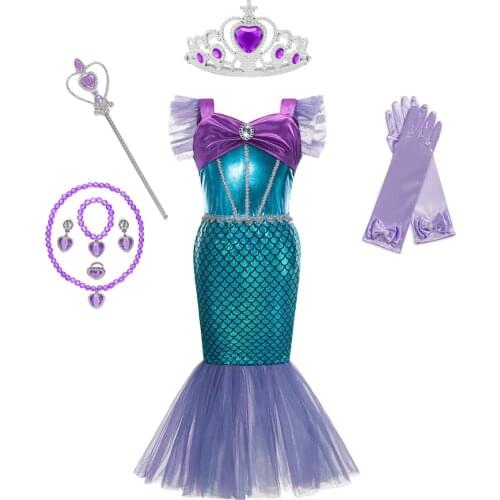 Girl Princess Little Mermaid Ariel Dress Kids Halloween Fancy Costume Children Carnival Birthday Party Clothes Summer Dress Up