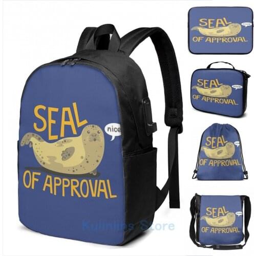 Funny Graphic print Seal of Approval USB Charge Backpack men School bags Women bag Travel laptop bag