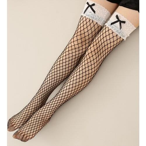 Sexy Lace Fishnet Stockings Women Bow Silk Over The Knee Socks Black Mesh Nylon Stockings Lolita Girls Weaer Lace Stockings