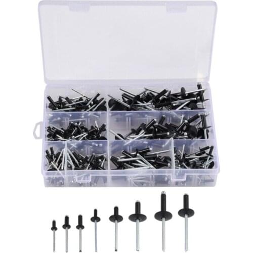 200Pcs/Set Black Rivets Standard &Large Flange Aluminum Alloy 8~18mm Durable