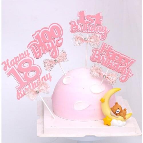 1PC 1st Birthday Pink Blue Cake Topper Dessert Decoration for Birthday Party Lovely Gifts Colorful Happy 18 Number 100days