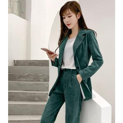 Retro corduroy suit suit womens fashion slim single-breasted small suit high waist pencil pants solid color two-piece TB190213
