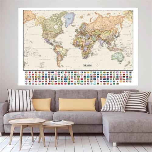 The Vintage World Map with National Flags Canvas Painting 5 Sizes Wall Art Poster Classroom Home Decoration School Supplies