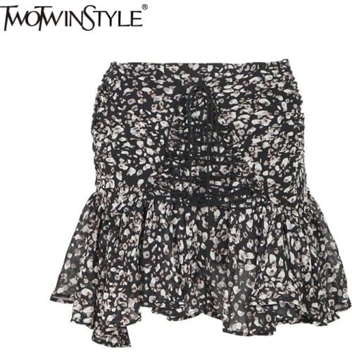 TWOTWINSTYLE Sexy Print Leopard Skirt For Women High Waist Cross Bandage Lace Up Bowknot Hit Color Mini Skirts Female Fashion