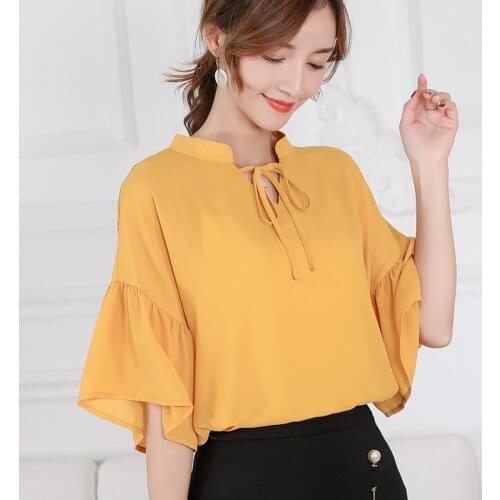Summer 2019 Women Casual Korean Chiffon Shirts Loose Short Sleeve Shirt Women Elegant Office Red Blouse Ladies Streetwear Tops