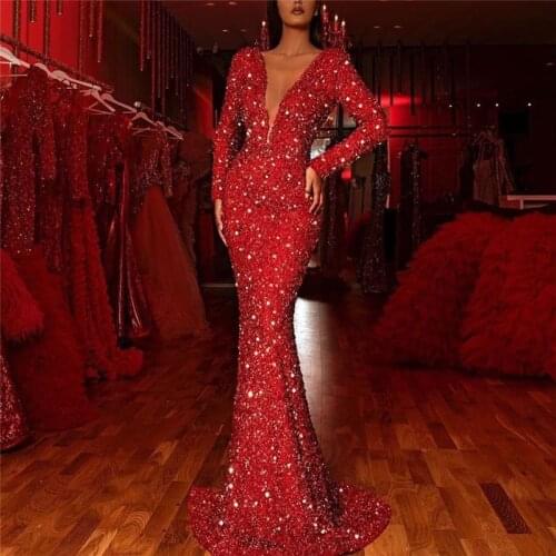 Woman Evening Dresses Red Long Formal Gown Red abendkleider Evening Dress With Pearls Sequins Robe De Soiree Vestidos De Festa