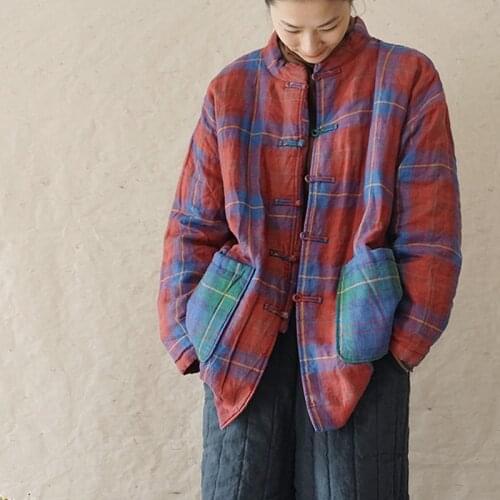 Johnature Women Plaid Vintage Parkas Linen Button Coats 2020 New Winter Pockets Chinese Style Warm Thick Female Parkas Coats