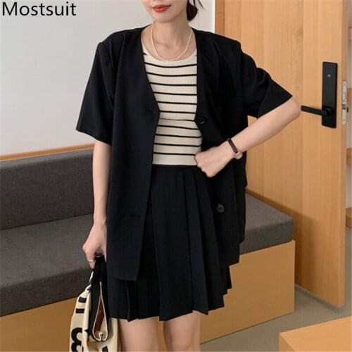 Korean Workwear Two Piece Suit Set Women V-neck Blaser + Pleated Mini Skirt Suits Basic Solid Classic Fashion Matching Set 2021