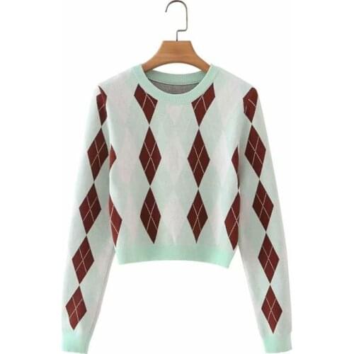 Europe United States 2021Autumn New Hit Color Plaid Long-sleeved Round Neck Sweater Womens Diamond Plaid Pullover Sweater