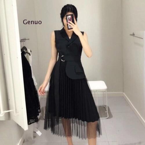 High Quality 2020 autumn New Fashion Black White Sleeveless Notched Stitching Mesh Hemline Womens Unique Dress