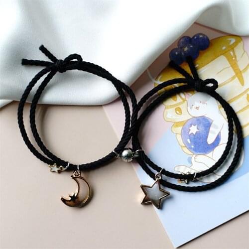 2pcs Star Moon Magnetic Couple Bracelet Set for Men Women Trendy Handmade Rope Chain Friendship Bracelet Adjustable Jewelry